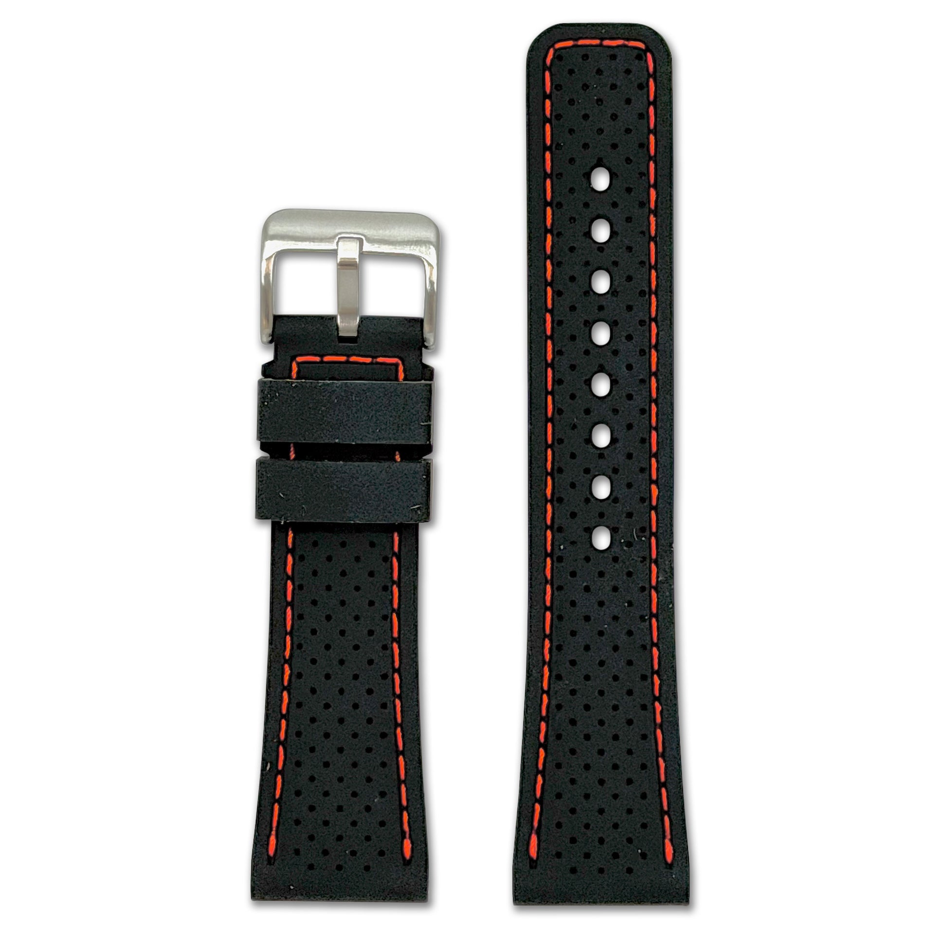 Perforated Sport Silicone Watch Band | Black, Red Stitch