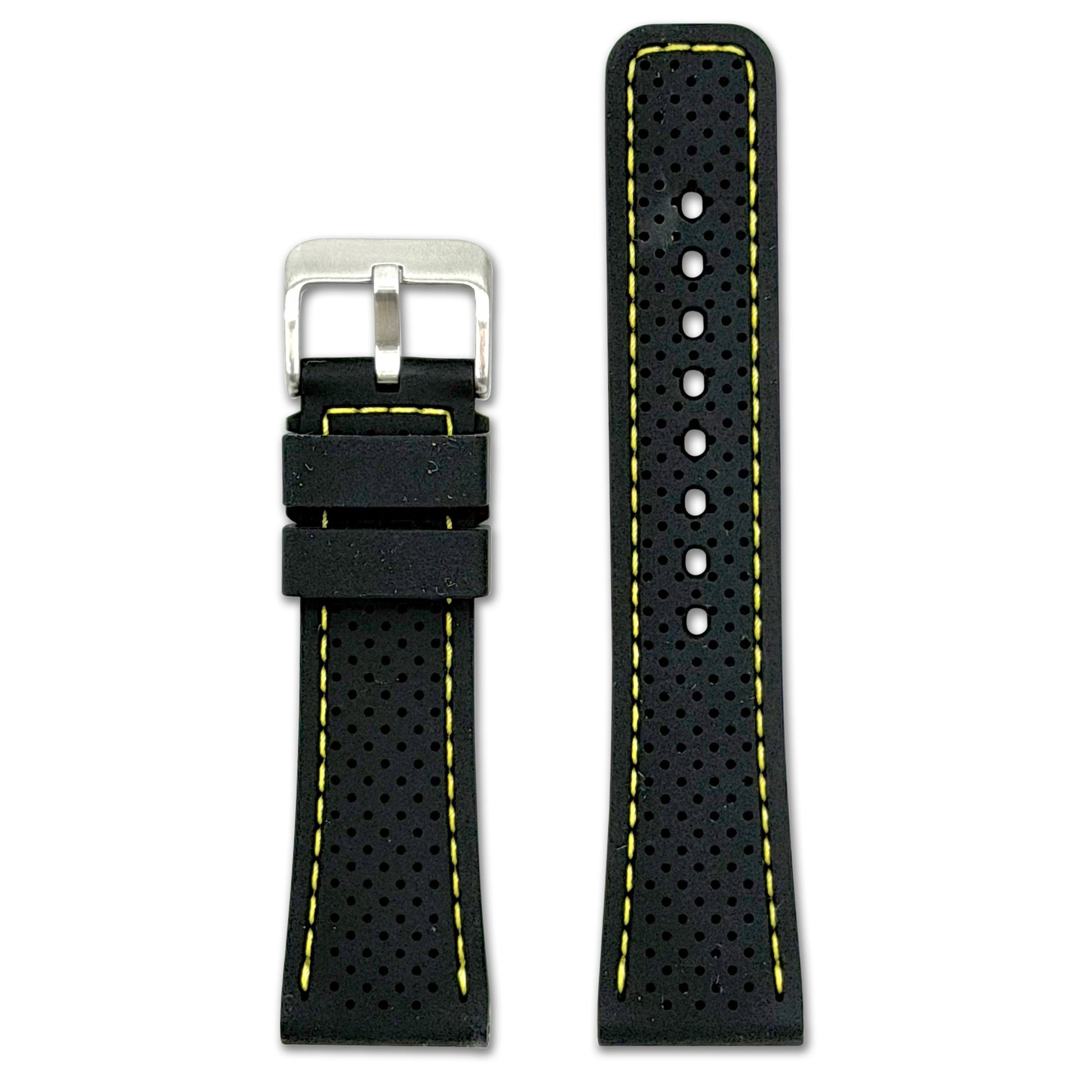 Perforated Sport Silicone Watch Band | Black, Yellow Stitch