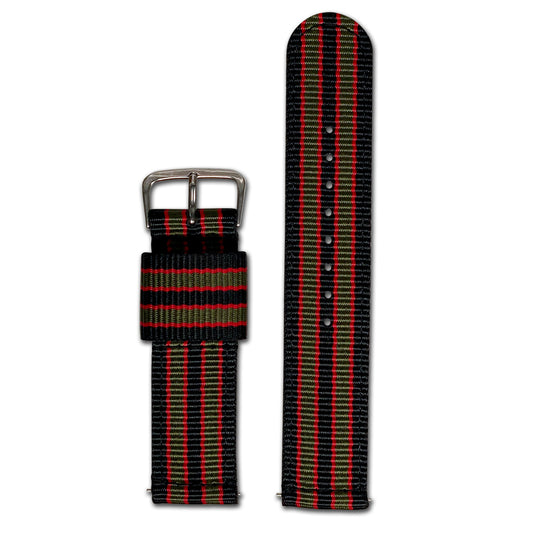 Quick Release Watch Band | Nylon | Two-Piece | Black, Olive & Red Striped