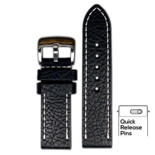 Quick Release | Pebble Grain Leather Watch Band | Black | White Stitch