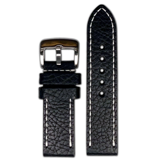 Quick Release | Pebble Grain Leather Watch Band | Black | White Stitch