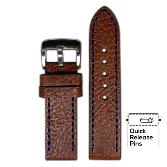 Quick Release | Pebble Grain Leather Watch Band | Light Brown | Dark Blue Stitch