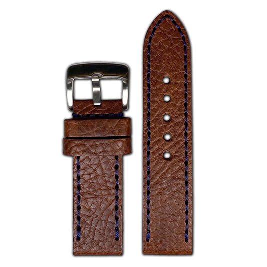 Quick Release | Pebble Grain Leather Watch Band | Light Brown | Dark Blue Stitch