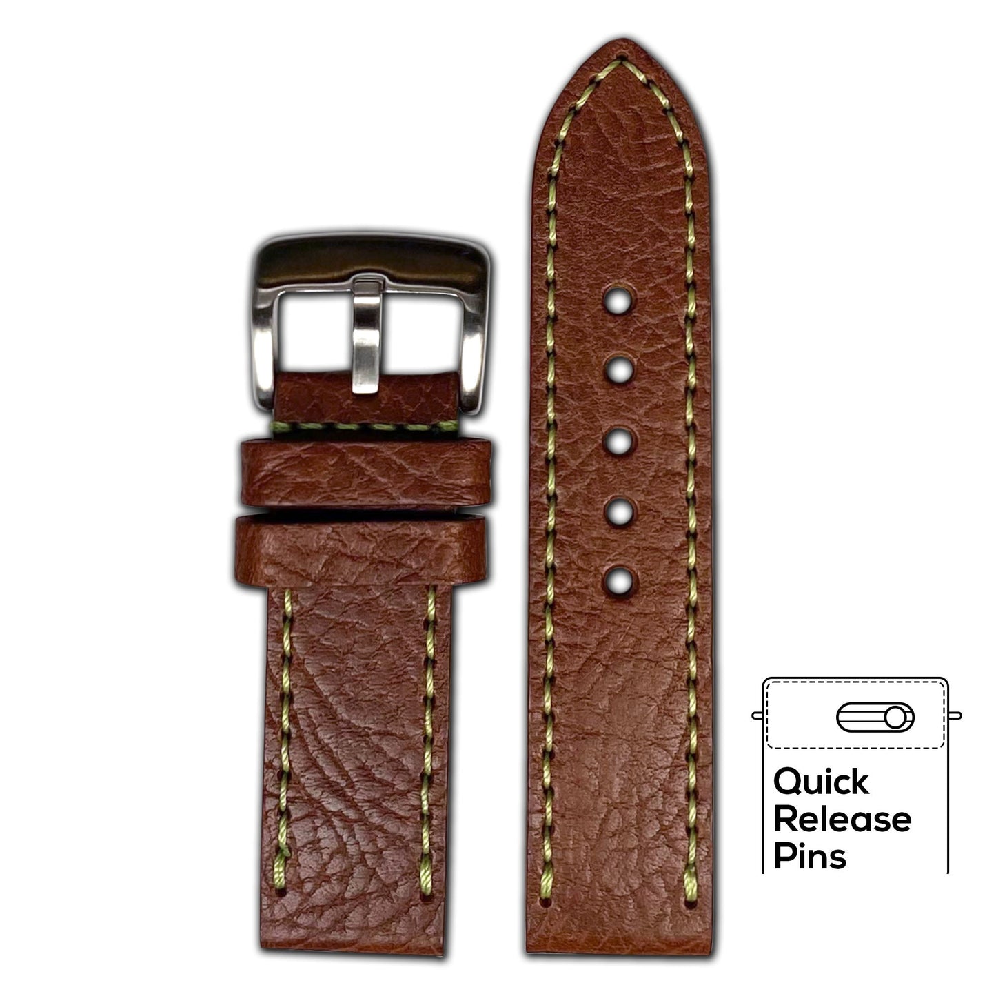 Quick Release | Pebble Grain Leather Watch Band | Light Brown | Green Stitch