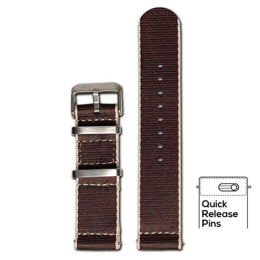 Quick Release Watch Band | Brown | Seatbelt | Two-Piece | Beige Stitch