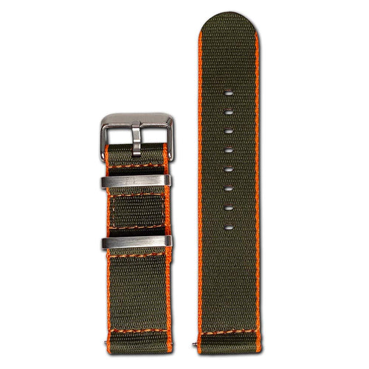Quick Release Watch Band | Seatbelt | Two-Piece | Orange Stitch | Olive