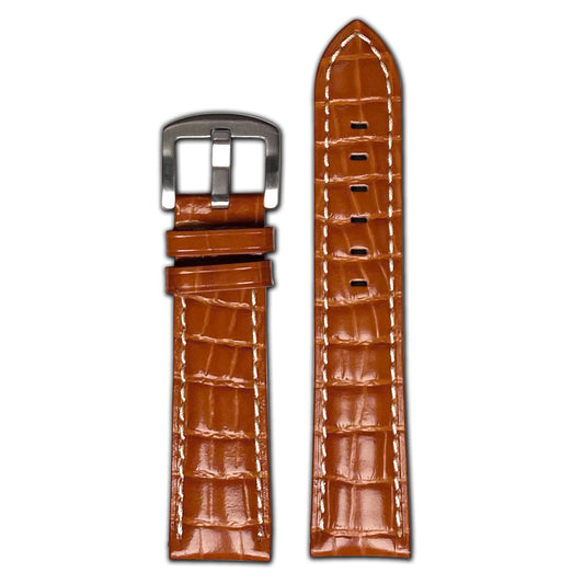 Quick Release | Embossed Gator Print Watch Band | Semi-Gloss | Light Brown | White Stitch