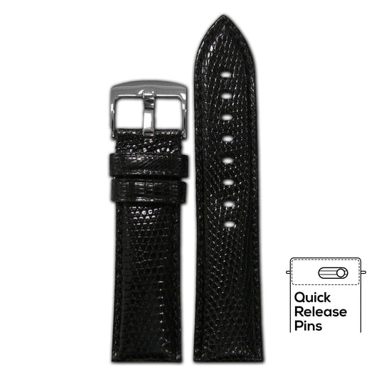 Quick Release | Semi-Gloss Genuine Lizard Watch Band | Classic | Black | Match Stitch