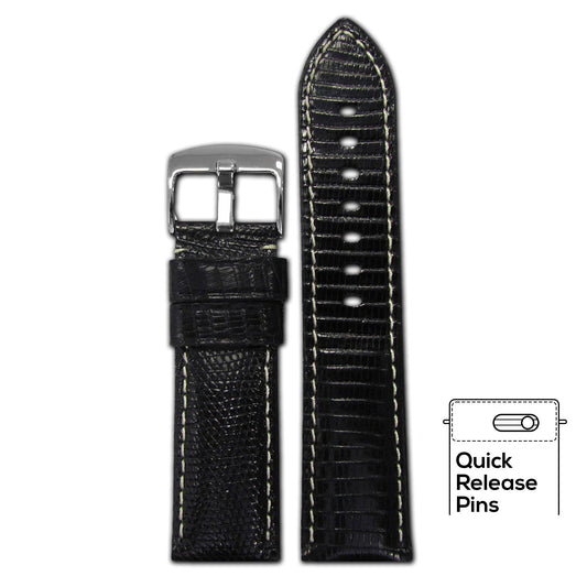 Quick Release | Semi-Gloss Genuine Lizard Watch Band | Classic | Black | White Stitch