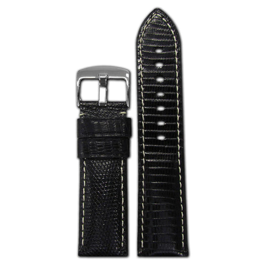 Quick Release | Semi-Gloss Genuine Lizard Watch Band | Classic | Black | White Stitch