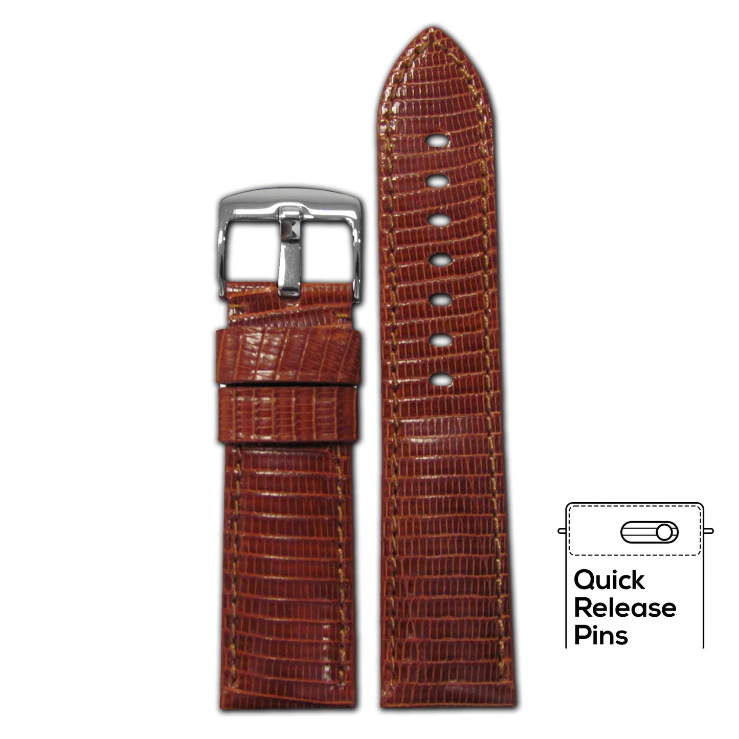 Quick Release | Semi-Gloss Genuine Lizard Watch Band | Classic | Rou | Match Stitch