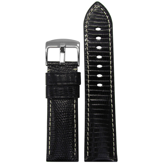 Semi-Gloss Genuine Lizard Watch Band | Classic | Black | White Stitch