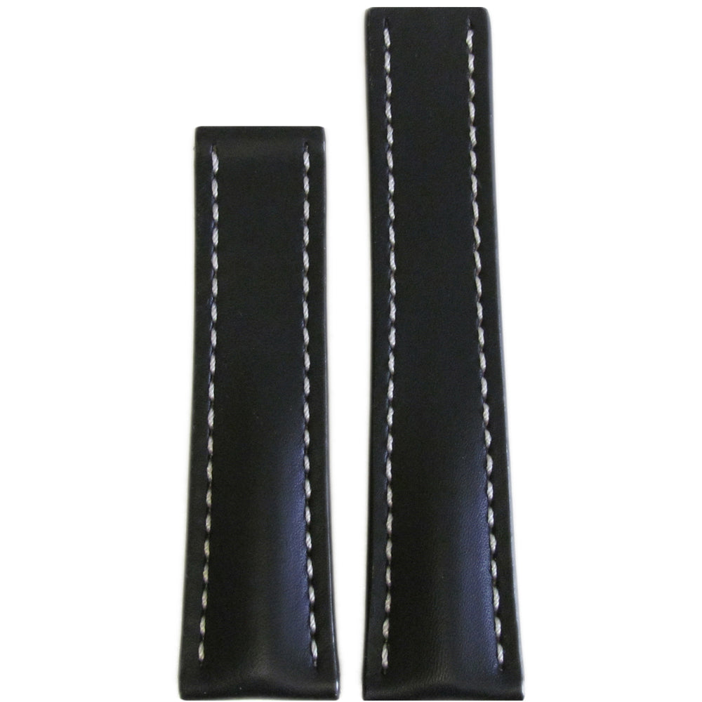 Soft Calf Leather Watch Band | Black | White Stitch | For Breitling Deploy