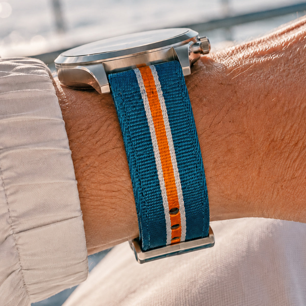 Quick Release Striped Seatbelt Nylon Watch Band | Blue, Orange Stripe