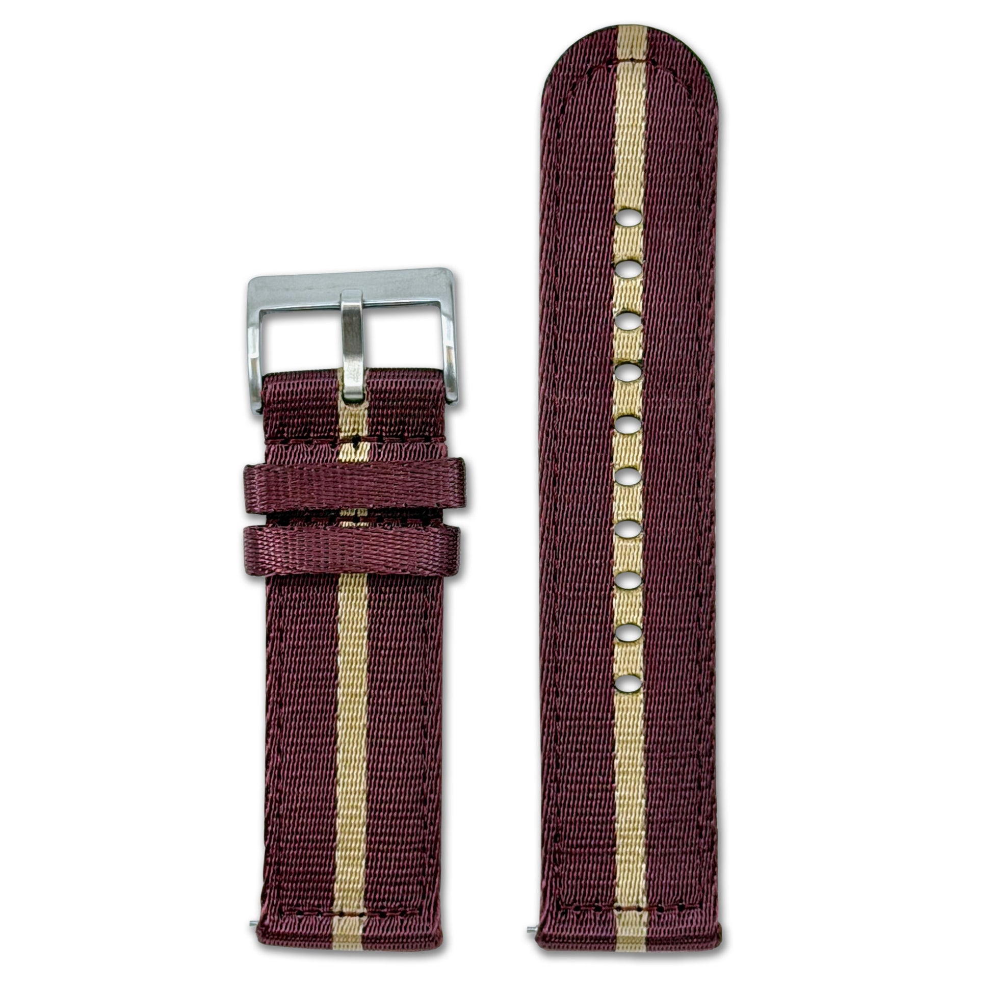 Quick Release Striped Seatbelt Nylon Watch Band | Maroon, Tan Stripe