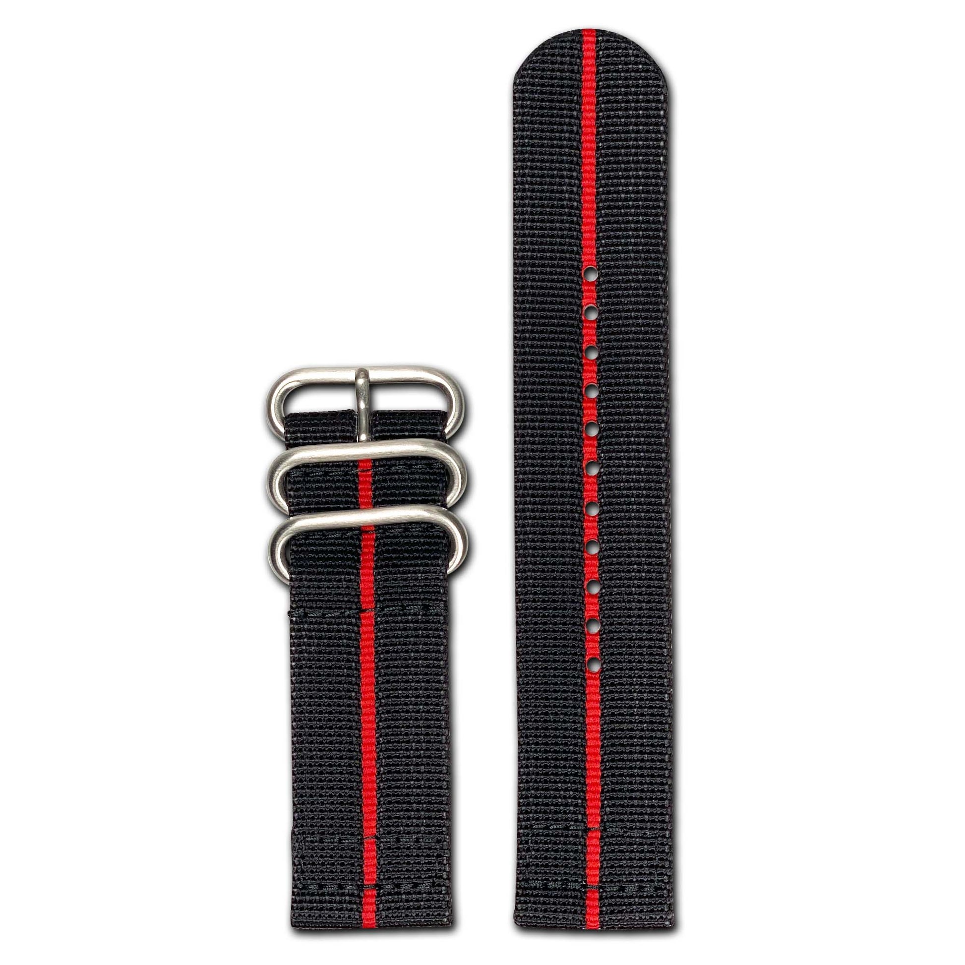 Ballistic Nylon Watch Band | Two-Piece | Black | Red Stripe | Brushed Hardware