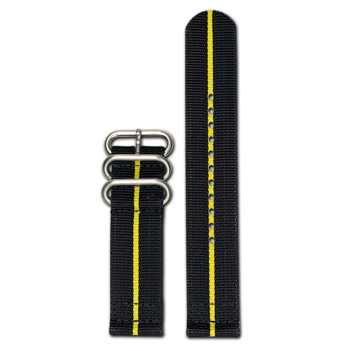 Ballistic Nylon Watch Band | Two-Piece | Black | Yellow Stripe | Brushed Hardware