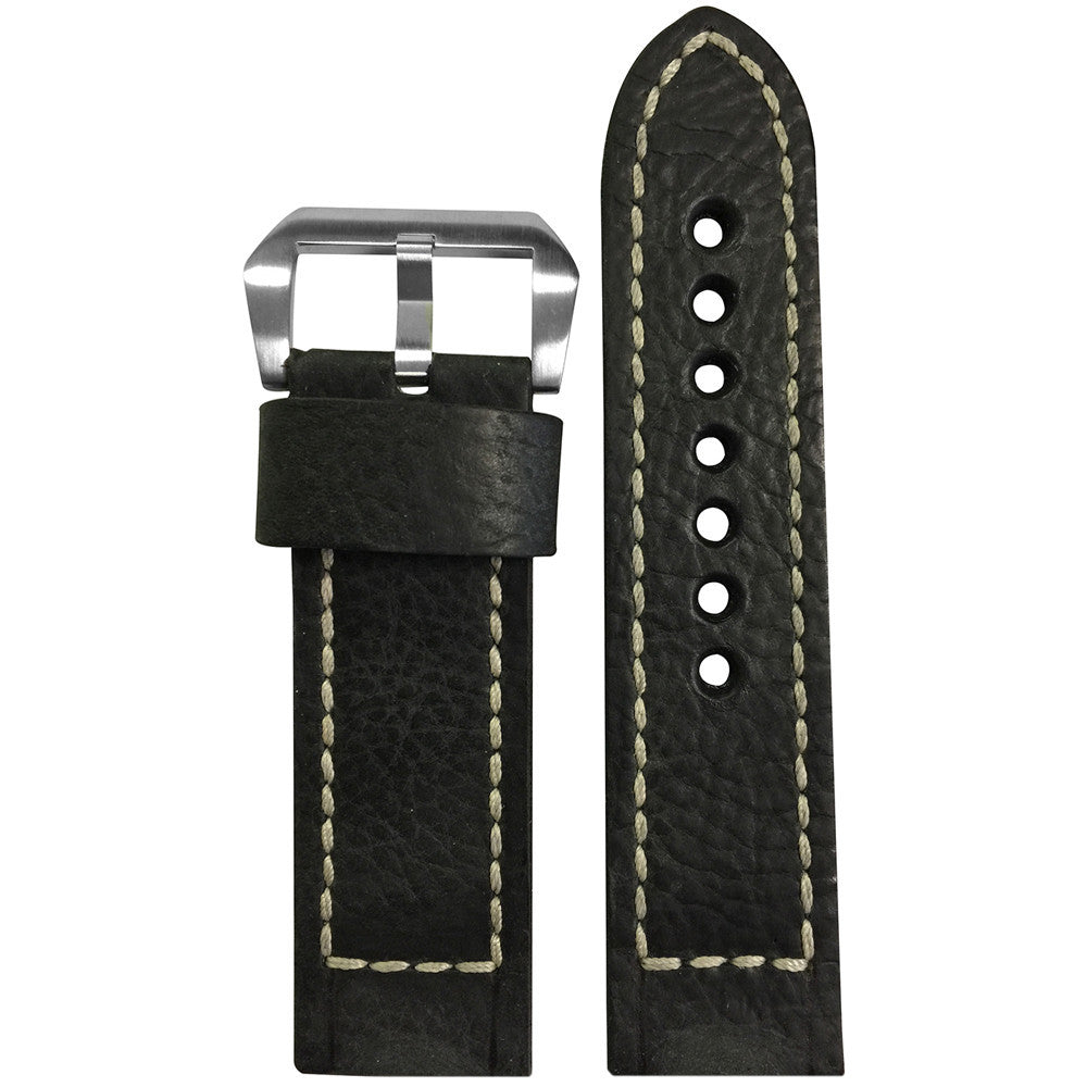 Vintage Leather Watch Band | Black | White Box Stitch | For Panerai